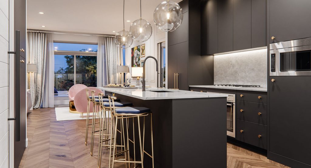 Dark blue cabinets and walnut inspired Chevron flooring