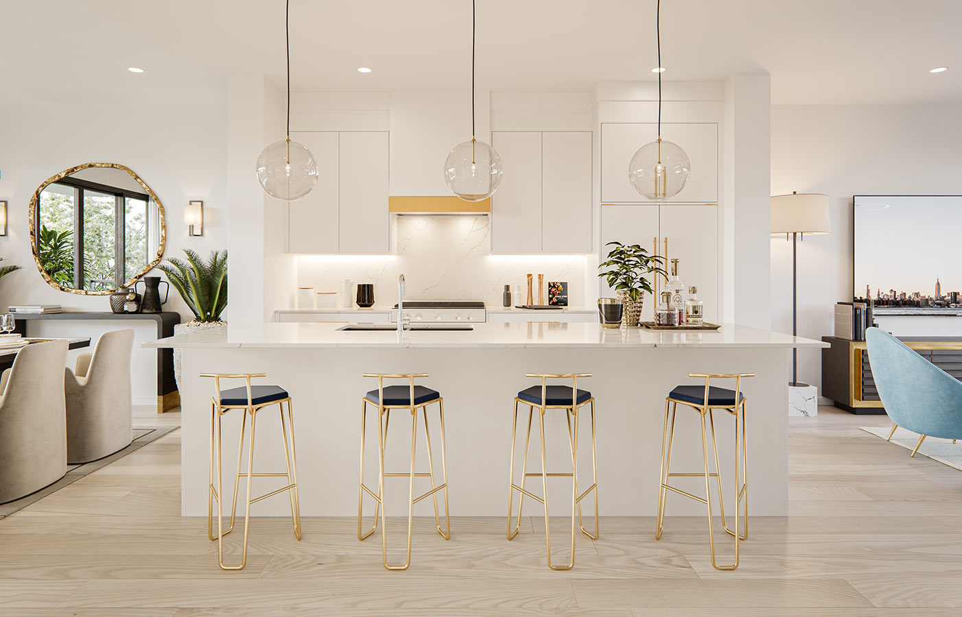 White Open Layout Kitchen with Marble tile