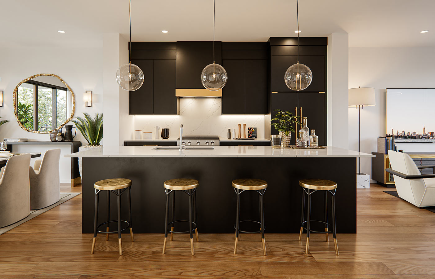 Black kitchen with white countertops, white marble tile and gold accents.